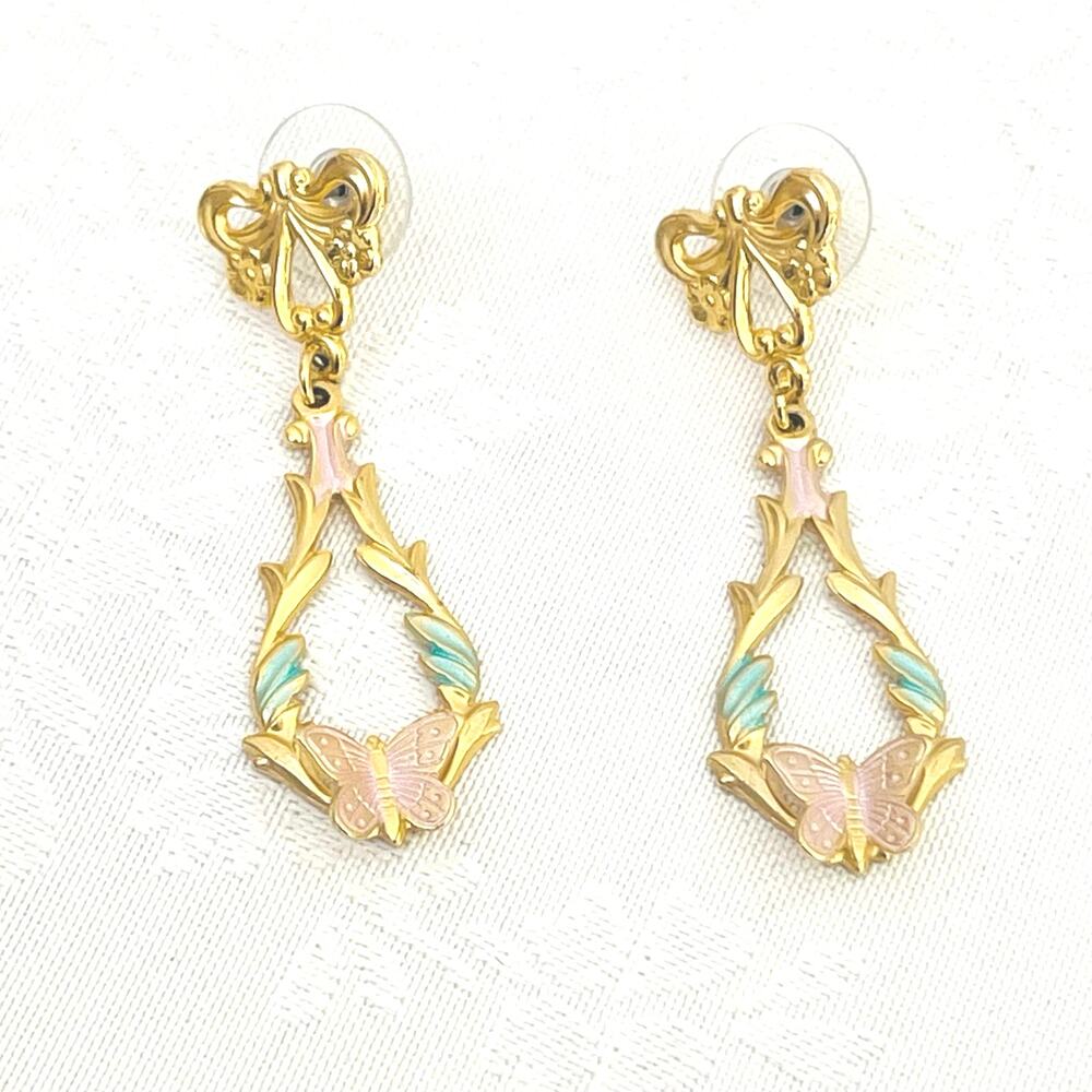 Vtg Y2K Bow Butterfly Flower Enamel Art Nouveau Earrings Dangle Drop Pierced